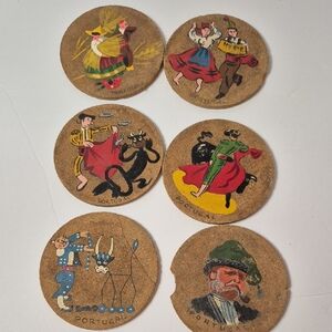 Vintage Hand Painted Cork Coasters 1960s Set Of 6